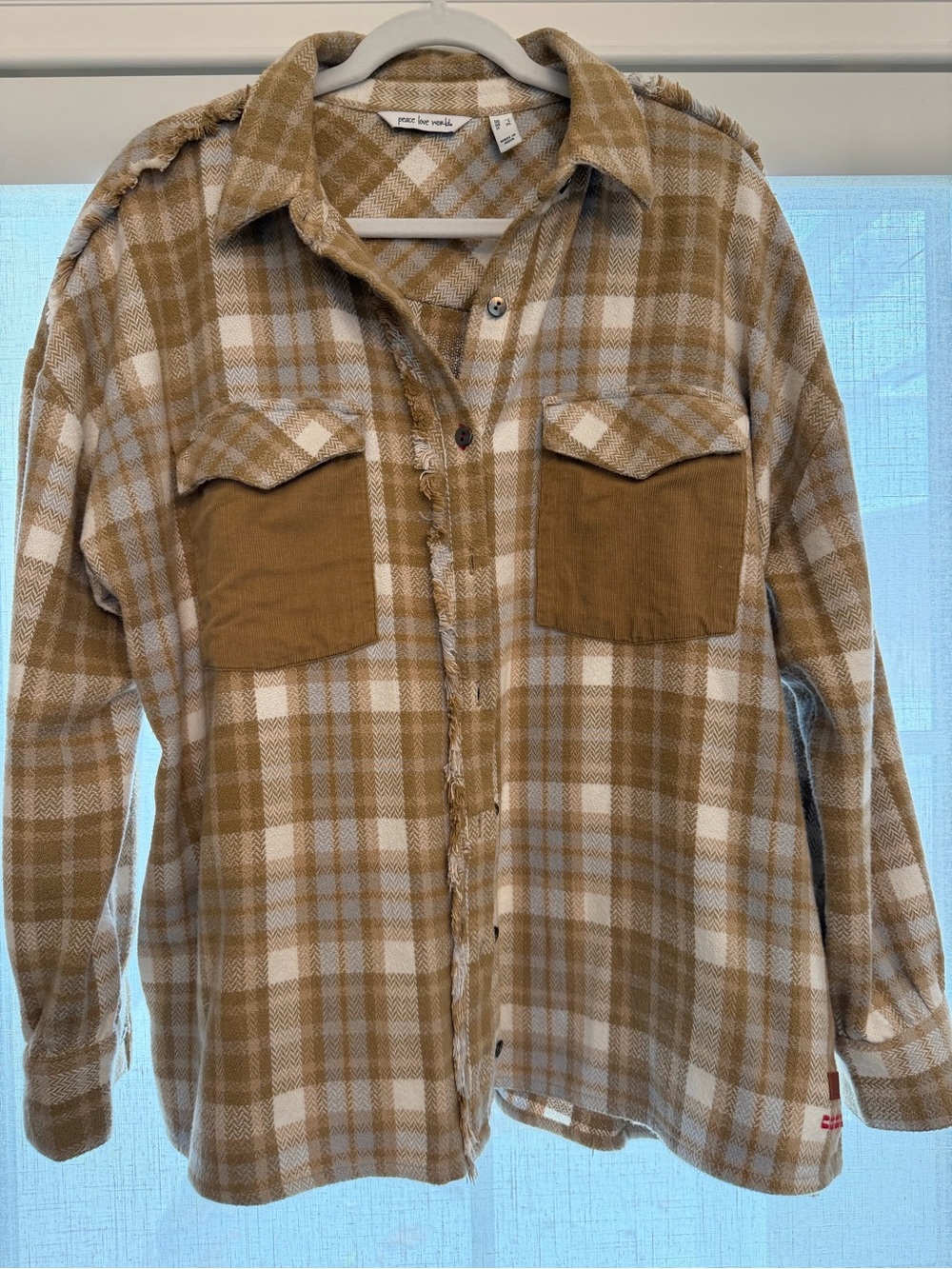 Peace Love World Tan and White Plaid Button-Up Shacket